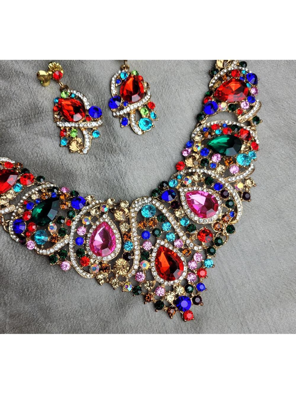 Colorful Statement Necklace and Earrings Set with Multicolor Rhinestones